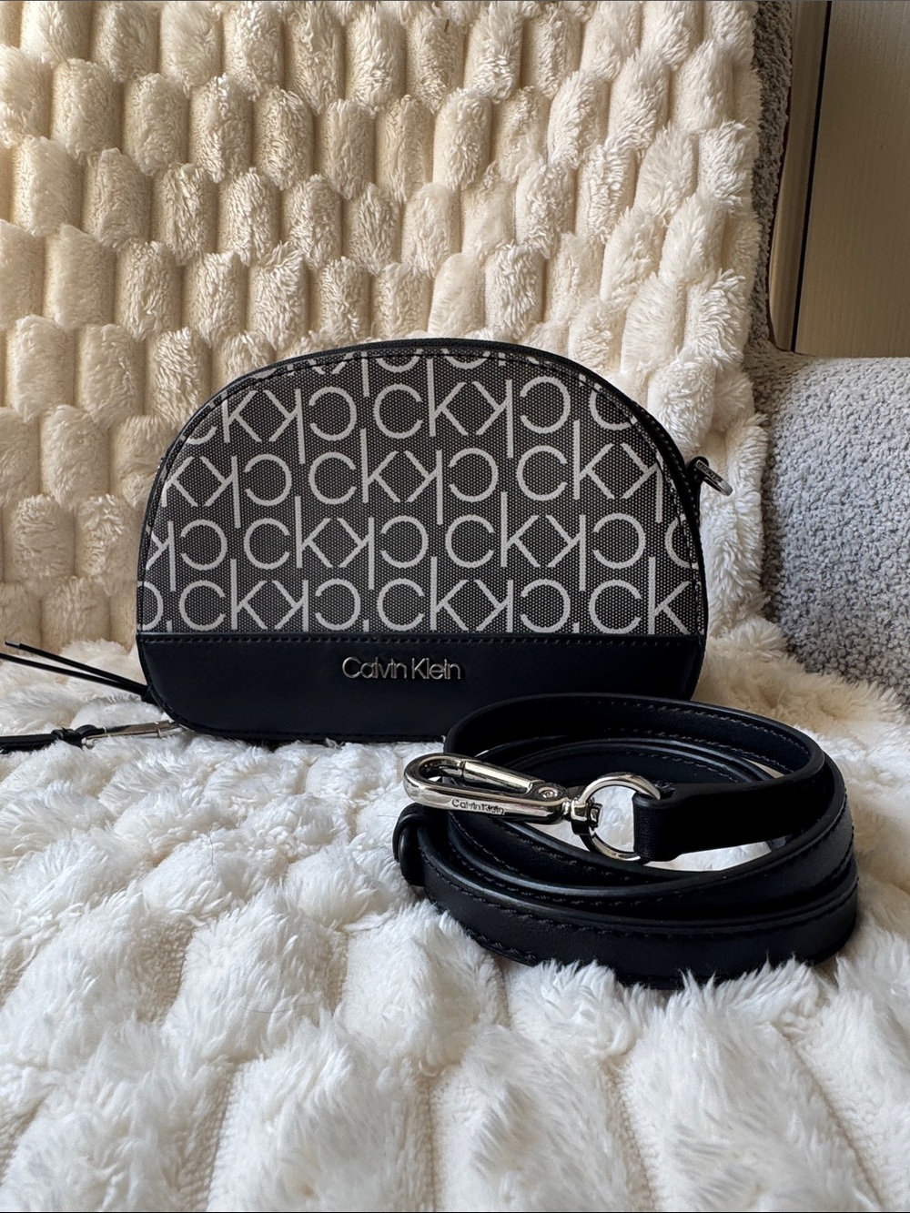 Calvin Klein Black and Gray Monogram Crossbody Bag.